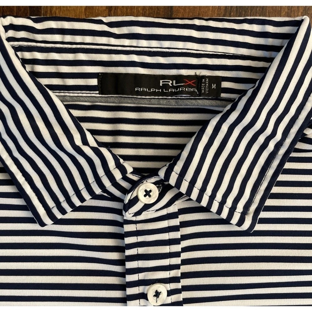 Ralph Lauren RLX Blue White Stripe Performance Golf Polo Shirt Mens Medium